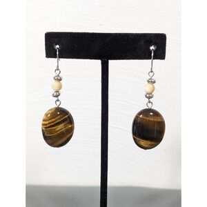 Brown Tigers Eye Stone Oval Stacked Bead Earrings Linear Boho